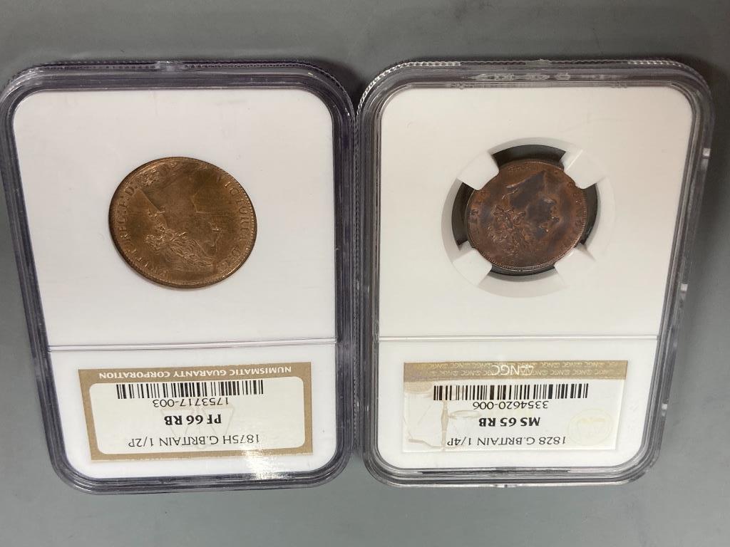 A Victoria halfpenny 1875, UNC and a George IV farthing 1828, UNC